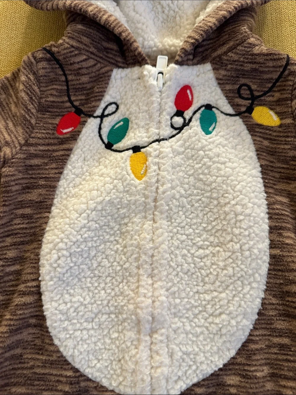 Brown Reindeer Hooded Baby One-Piece Footie with Festive Lights